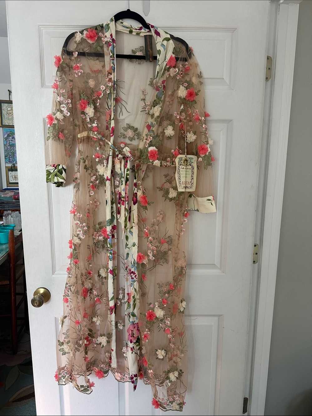 Aratta Sheer Floral Embroidered Robe in Nude with Pink and Green Accents
